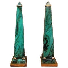 A Pair of Faux Malachite Enameled Obelisk with Brass Fittings