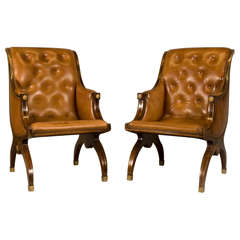 Pair Of Russian Neoclassical Style Brass Inlaid Mahogany & Leather Chairs