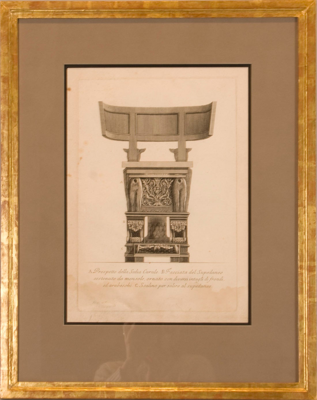 Set of etchings of views of a Greek ceremonial klismos chair. 
In his fifties, G.B. Piranesi was interested in archaeology and studied in Southern Italy where he produced drawings of Greek architecture. 
Medium: Etching on laid paper.
Year: circa
