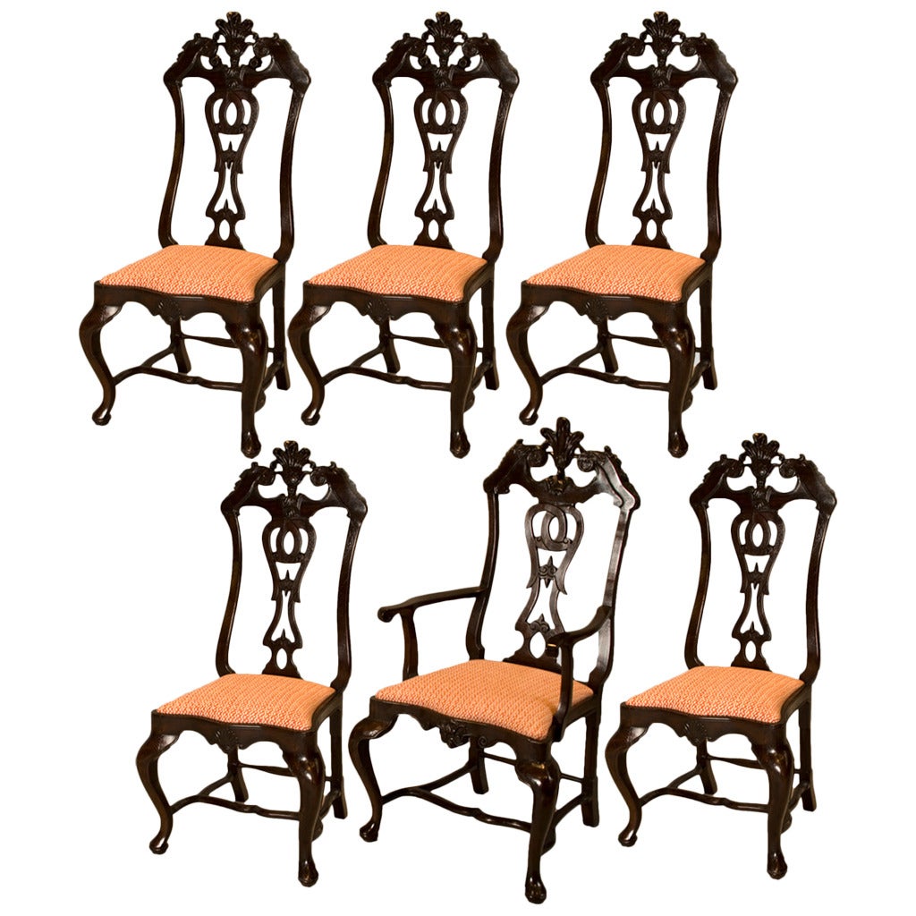 Ensemble de six chaises de salle à manger rococo portugaises du 18ème siècle, bois de jacaranda, Fortuny F.