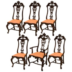 Set of Six 18th C. Portuguese Rococo Dining Chairs, Jacaranda Wood, Fortuny F.