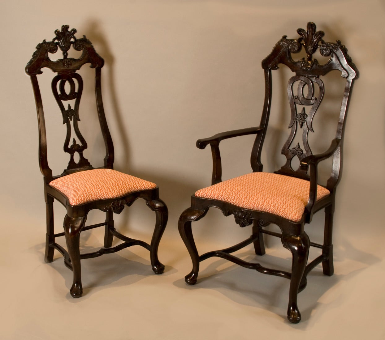 Hand-Carved Set of Six 18th C. Portuguese Rococo Dining Chairs, Jacaranda Wood, Fortuny F. For Sale