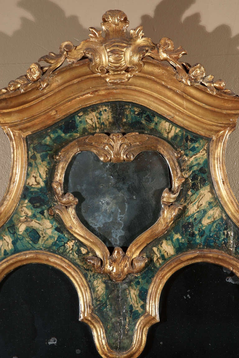 Rococo 18th Century Venetian Mirror, Faux Marble, Gilded, Original Mercury Glass For Sale