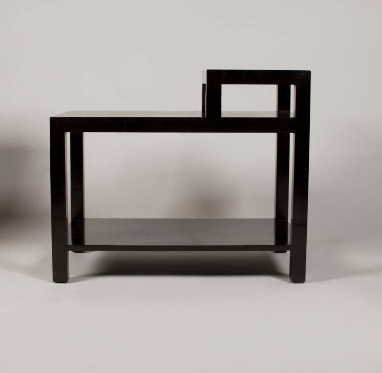 Pair of T.H. Robsjohn-Gibbings Step Lamp Tables by Widdicomb Furniture Model #311. Walnut with ebonized finish. Label and marking on underside. Recently refinished with a hand rubbed lacquer.
