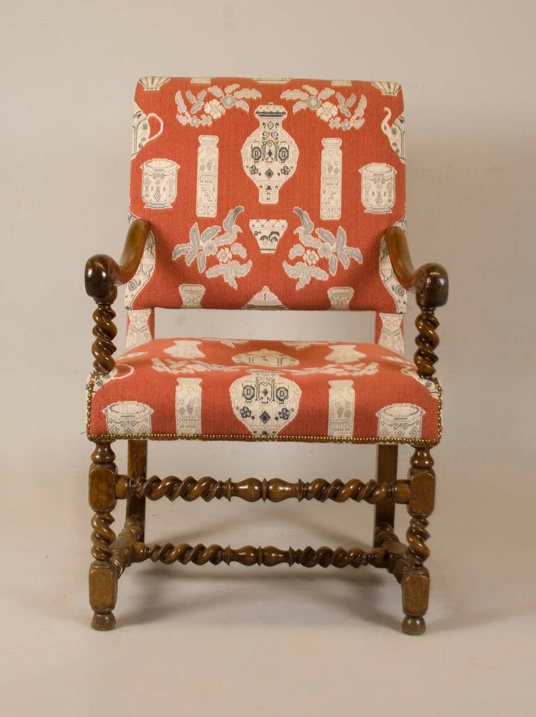 18th Century French Walnut Armchairs, Louis XIII Period, Fine Upholstery