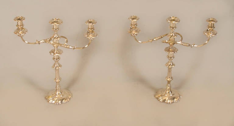 A fine pair of three-light candelabra. Arms are removable for creating
single candle sticks.
