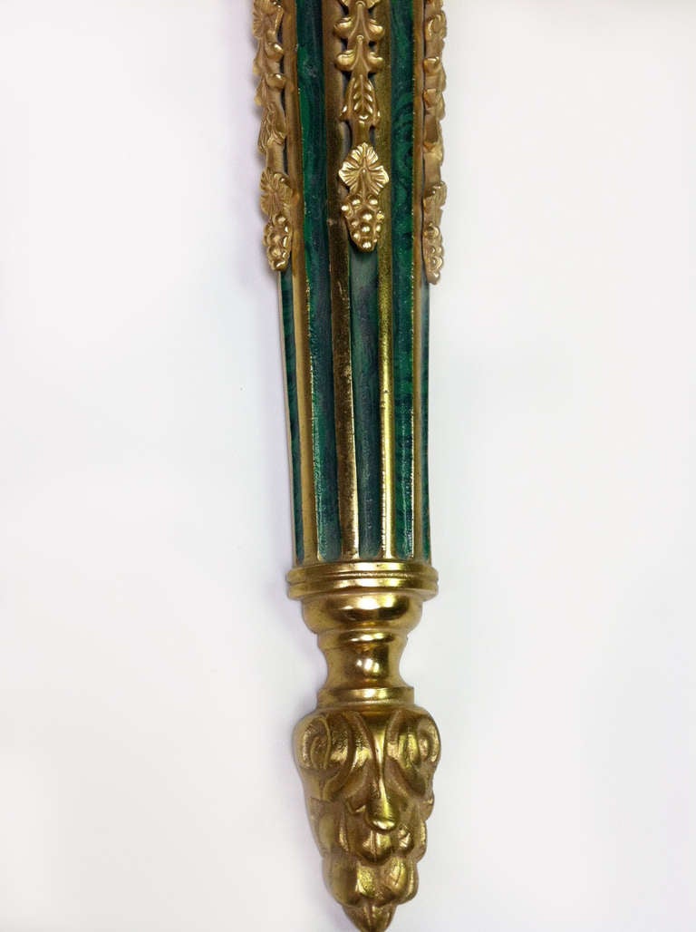 Gilt 20th Cent., Louis XVI Style Three-Light Gilded Bronze and faux Malachite Sconce For Sale
