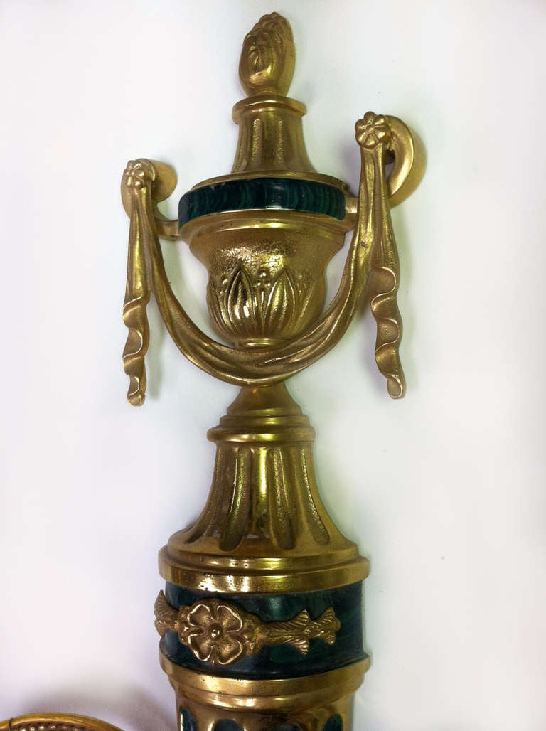 20th Century 20th Cent., Louis XVI Style Three-Light Gilded Bronze and faux Malachite Sconce For Sale