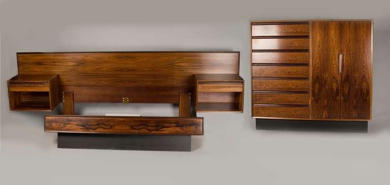 Brazilian Rosewood platform bed with floating night stands and wardrobe with seven drawers on either side- 