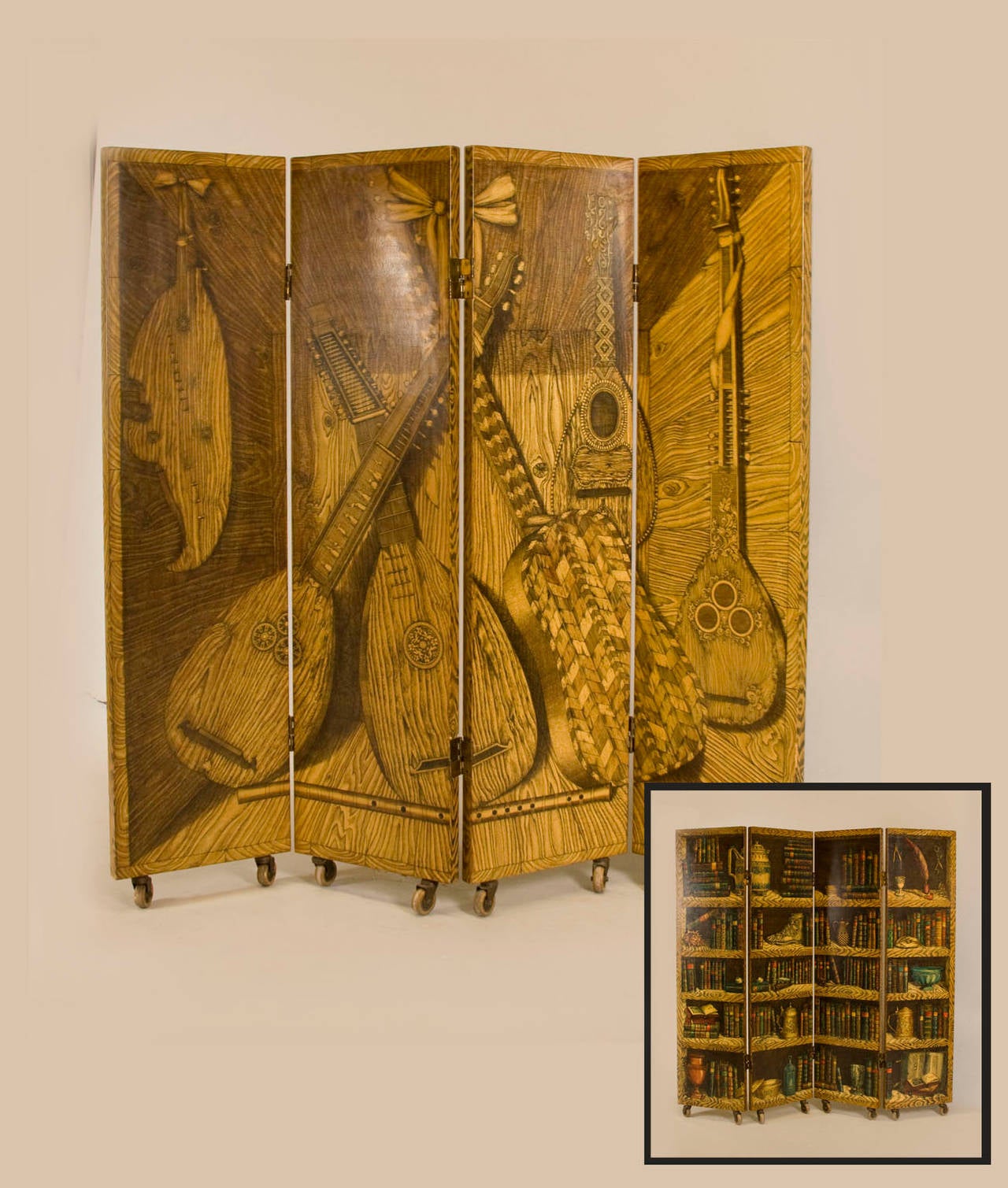 Italian Early and Rare Four-Panel Folding Screen by Piero Fornasetti