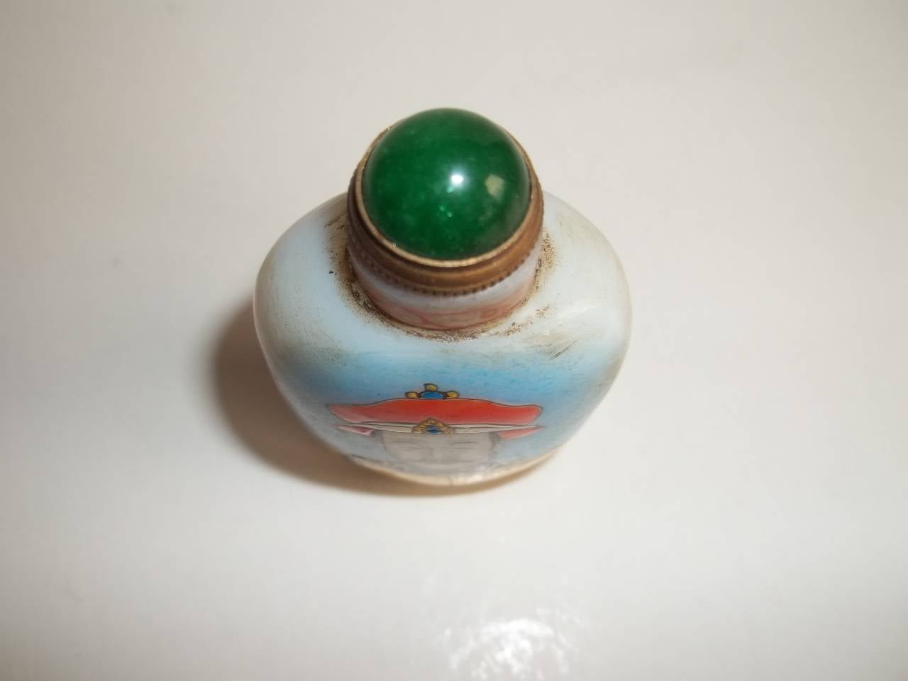 Brass 19thc Chinese Snuff Bottle, Enamelled Emperor On Glass, Qing