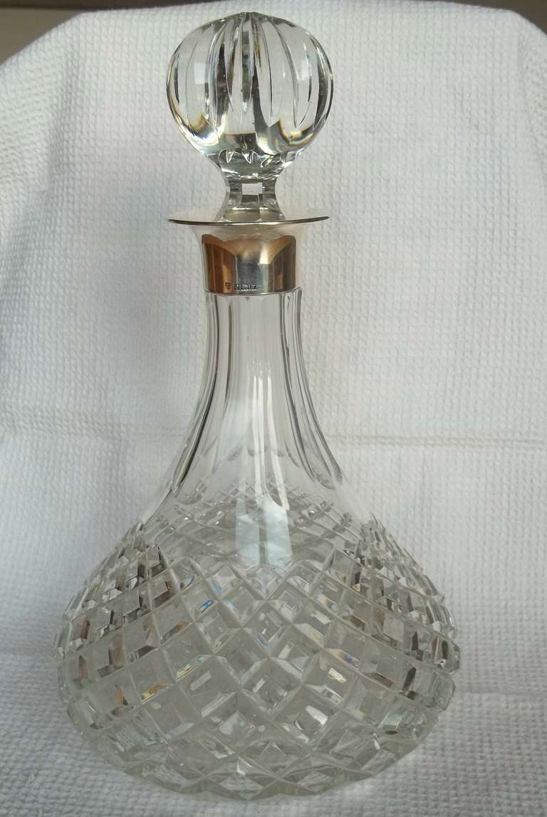SILVER Collared SHIP's DECANTER, Cut Glass, Art Deco, Circa 1921 at