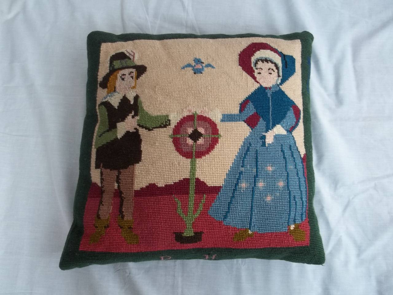 Needlepoint, Pillow or Cushion, Shaker or Quaker Style, Early 20th Century.
