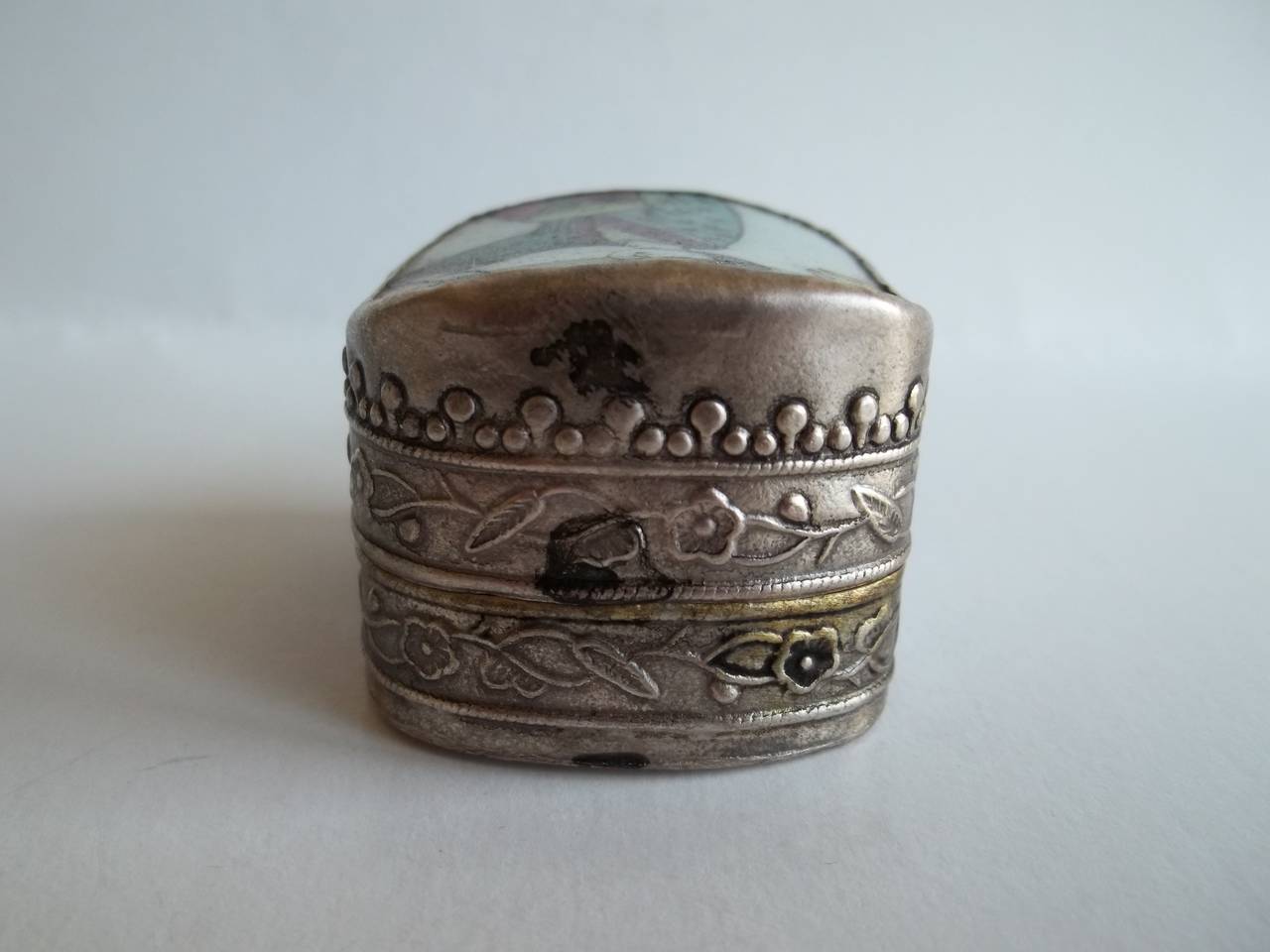 Metal CHINESE Lidded Box, Porcelain, in Silvered Copper, hand painted, early 20th C.