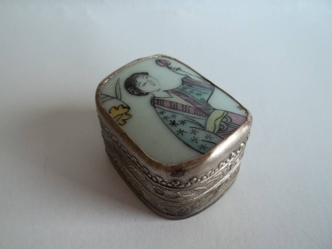 Chinese CHINESE Lidded Box, Porcelain, in Silvered Copper, hand painted, early 20th C.