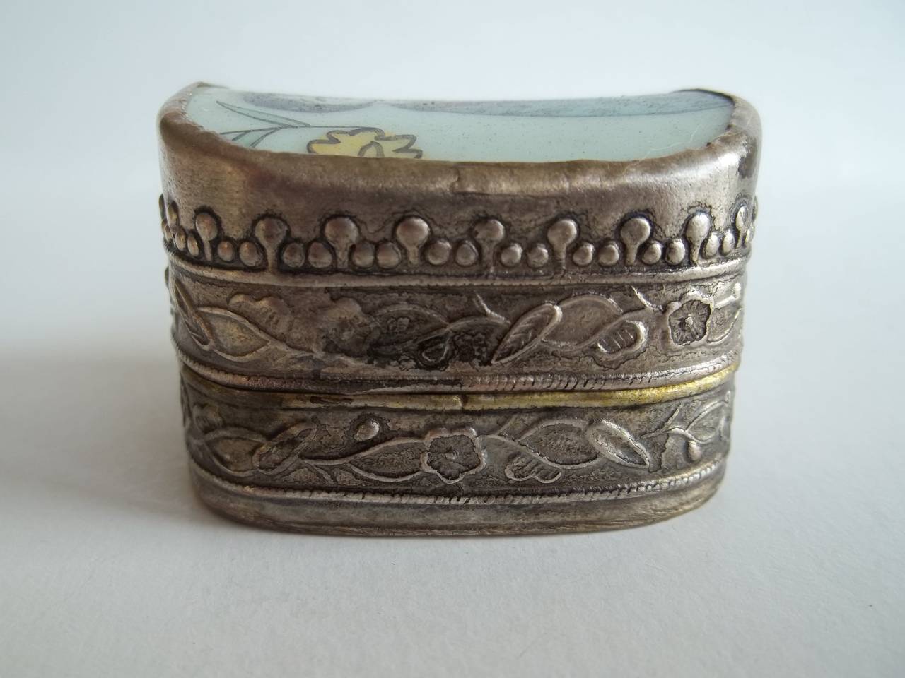 Hand-Crafted CHINESE Lidded Box, Porcelain, in Silvered Copper, hand painted, early 20th C.