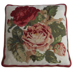 Vintage Needlepoint, Pillow or Cushion, Roses , English, Mid 20th Century.