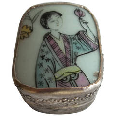 Antique CHINESE Lidded Box, Porcelain, in Silvered Copper, hand painted, early 20th C.