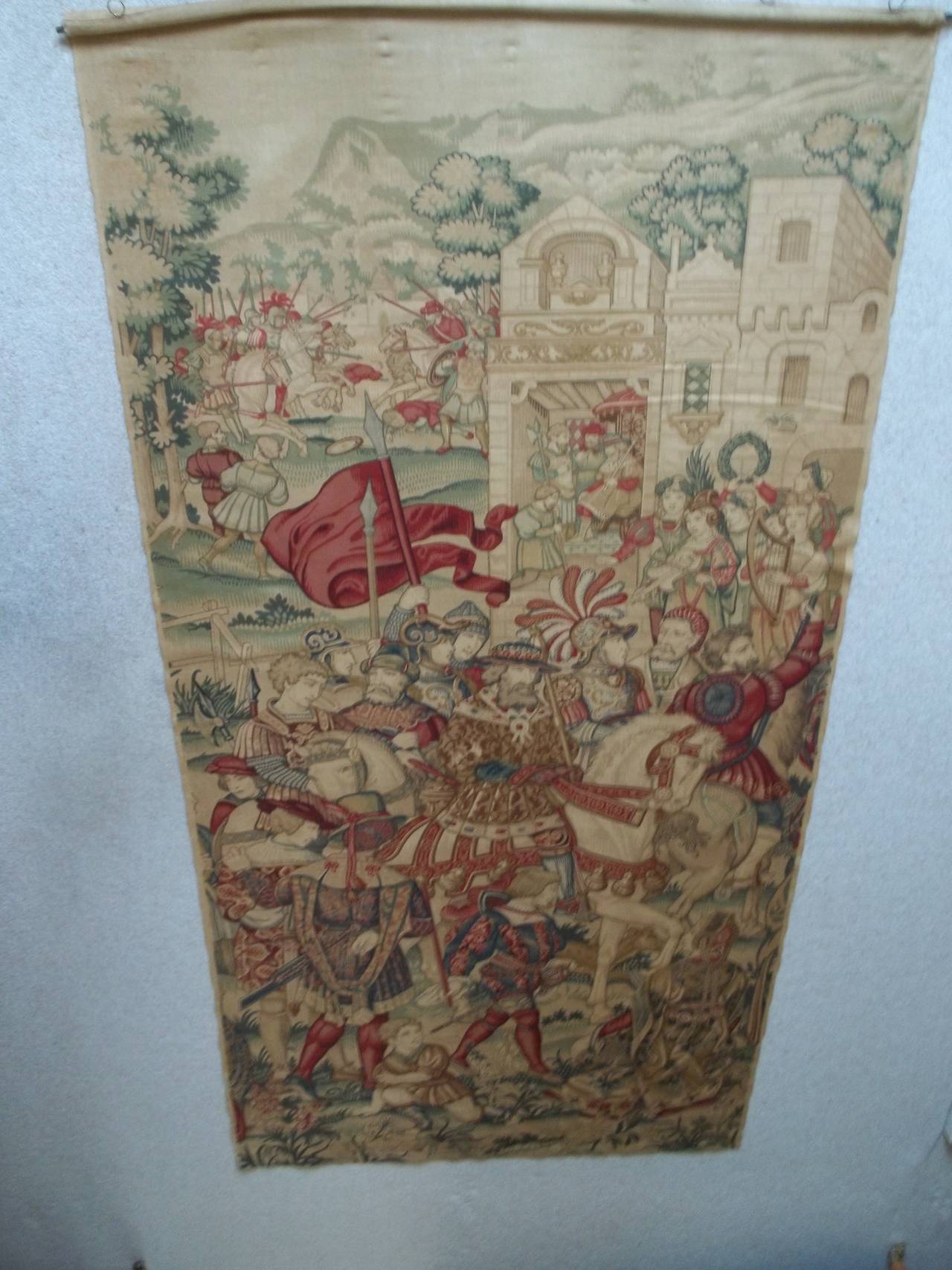 This is a superb, distinctive and very large French Wall Hanging or Tapestry.

The art work is dyed or printed on a hessian style fabric and emulates the beautifully crafted Aubusson tapestries with rich and vibrant colours, including blood reds,