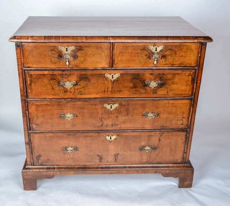 THIS BEAUTIFUL AND RARE CHEST has two short over three long drawers with thick thumb mouldings to the top edge and matching lower the base edge.

This chest has a wonderful colour and pattination.

The hand cut figured walnut veneers to the top