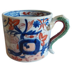 Rare et ancienne tasse en grès de Mason:: manche en forme de serpent:: motif de jardinière:: vers 1815