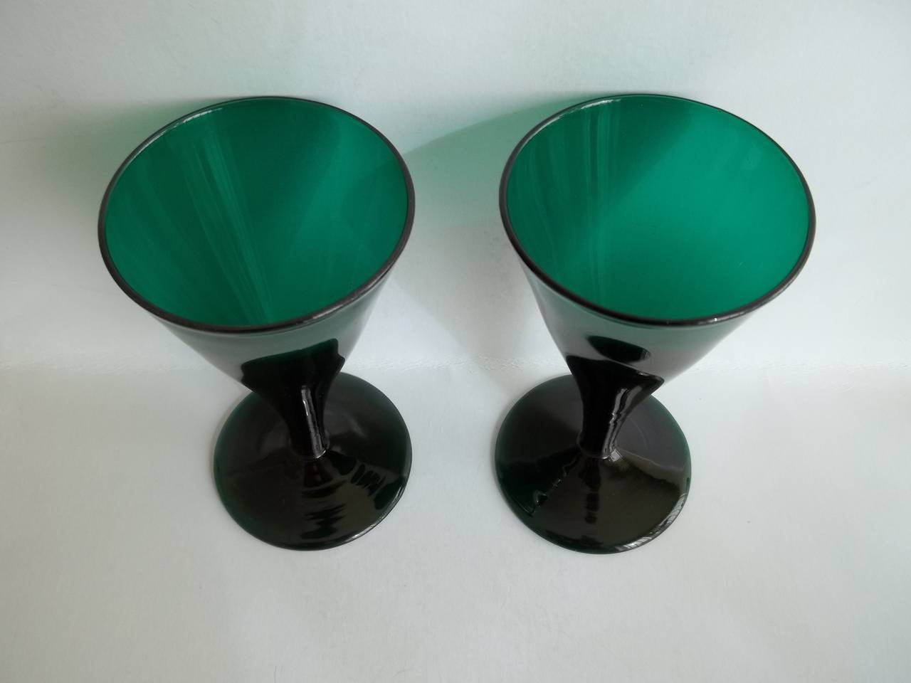 Pair of Wine Glasses Bristol Green HandBlown Trumpet Bowl