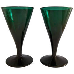 Antique Georgian Pair of Wine Glasses Bristol Green Hand-Blown Trumpet Bowl, circa 1790