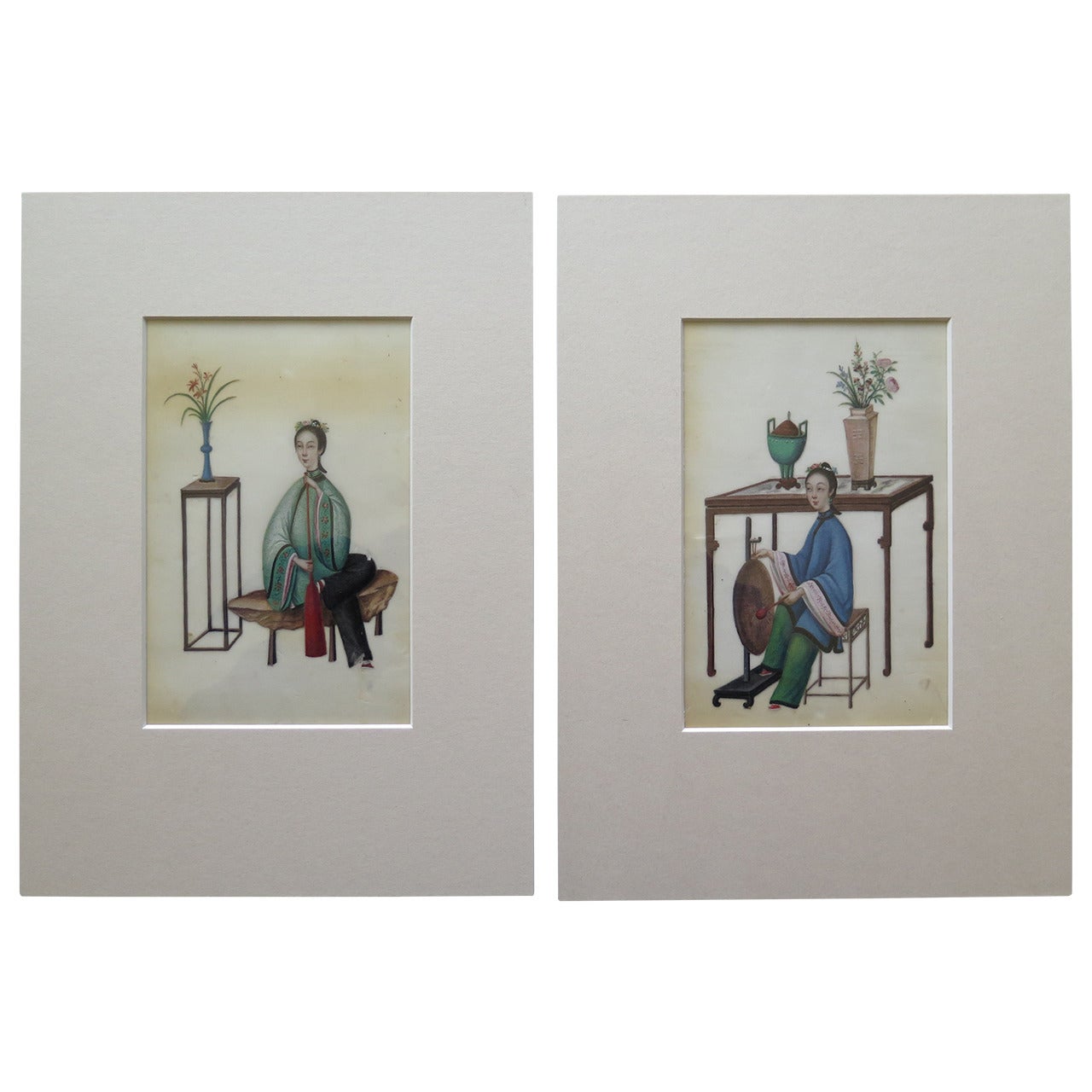 Early 19th Century, Beautiful Pair of Chinese Watercolor Paintings on Pith Paper