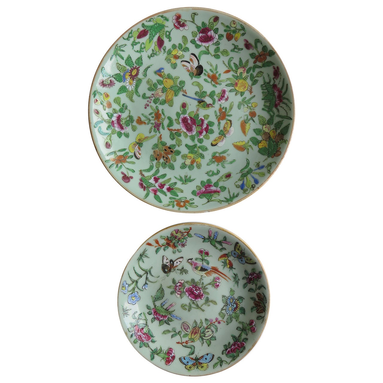 TWO, 19th C. Chinese Export, Porcelain PLATES, Hand-Painted Decoration, Qing