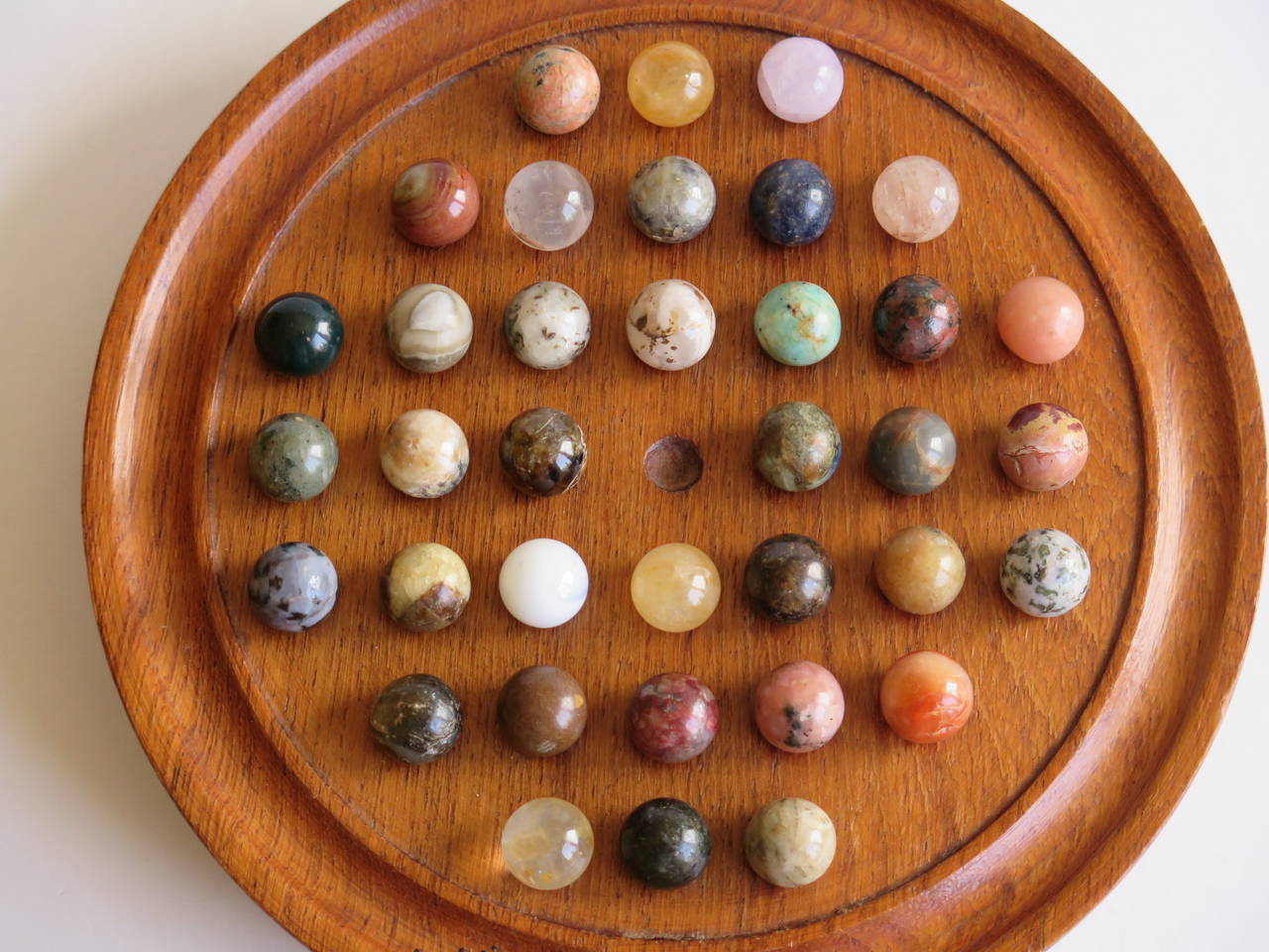 Late Victorian Late 19thC. Solitaire Marble Board Game, 36 early hand made marbles, circa 1890