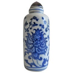 Retro Chinese SNUFF BOTTLE, Blue and White, Porcelain, Qing-Qianlong mark, C.1930