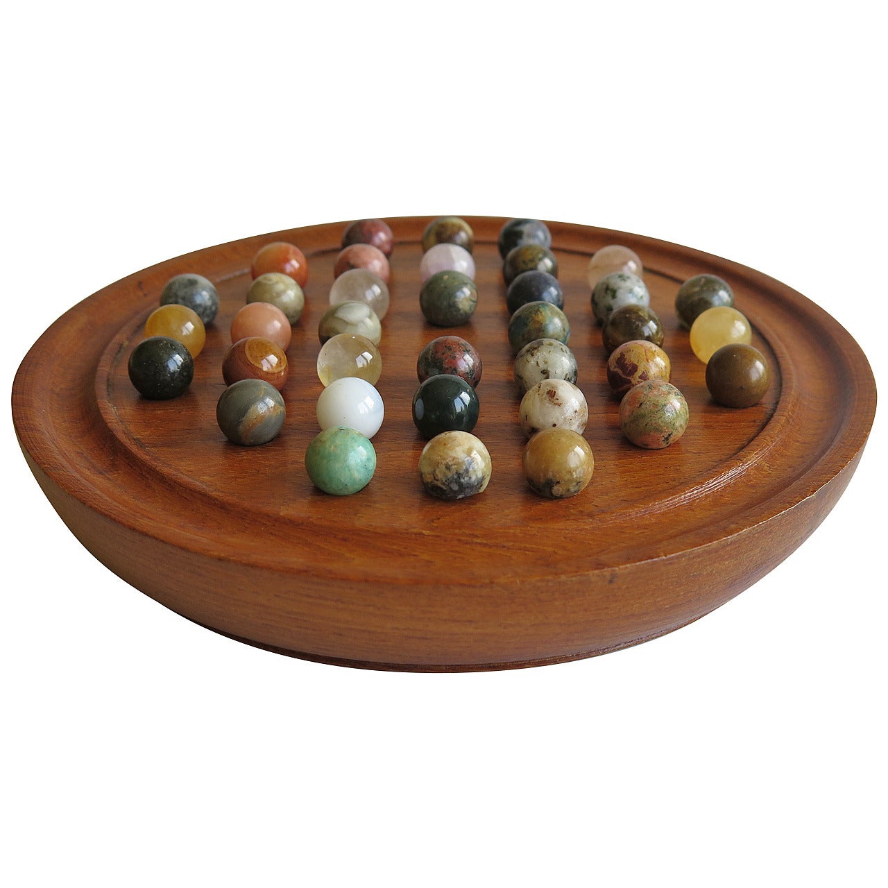Late 19thC. Solitaire Marble Board Game, 36 early hand made marbles, circa 1890