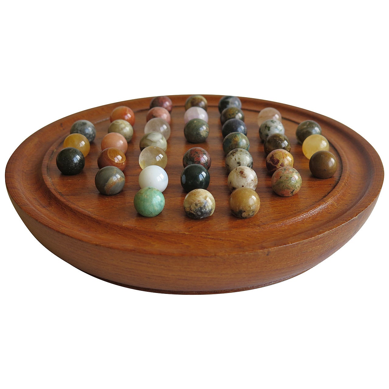 Late 19thC. Solitaire Marble Board Game, 36 early hand made marbles, circa 1890