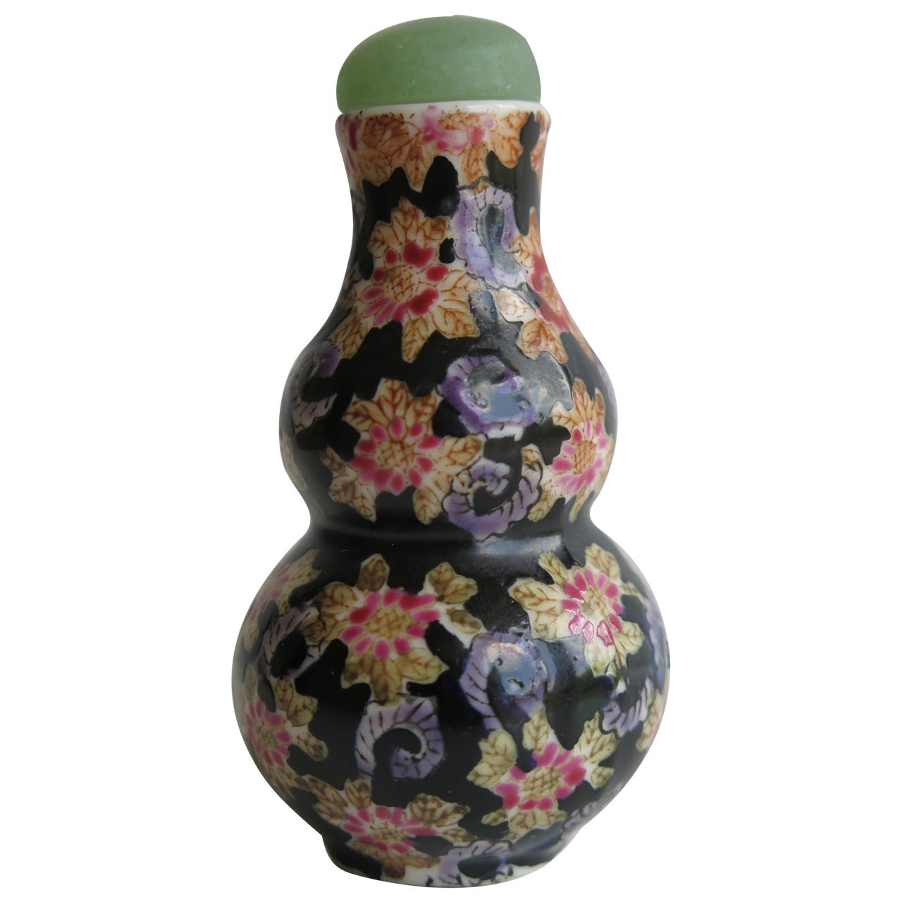 Chinese Snuff Bottle, Porcelain, Hand-Painted, Jade Top, Early 20th Century