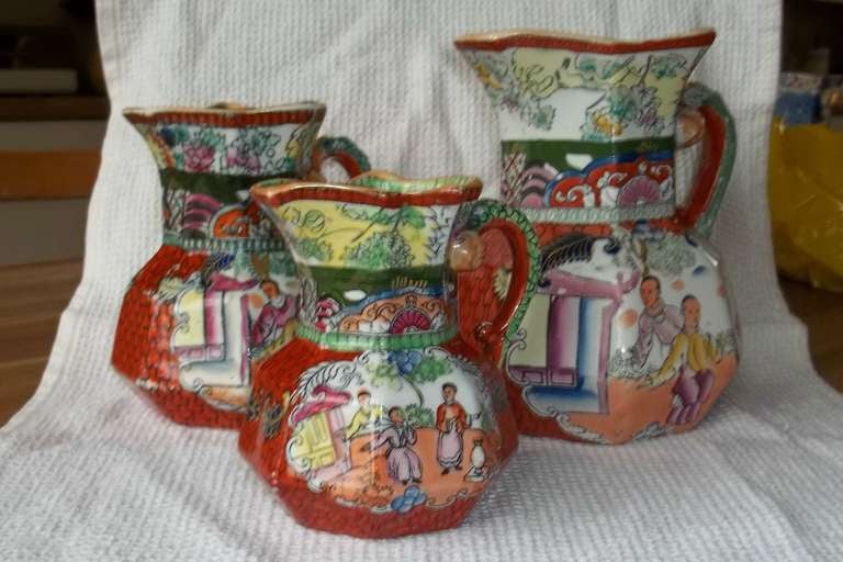 Graduated trio of MASONS IRONSTONE Hydra Jugs - ALL in the RED SCALE - CONVERSATION PATTERN
They all show oriental scenes of a group of people talking.
This is a highly colourful, sought after and popular pattern.
ALL three jugs are 19th Century