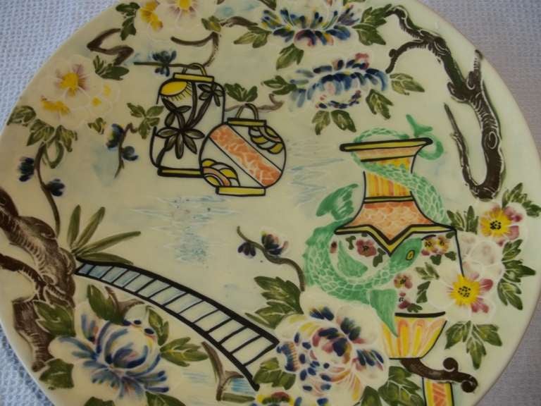 English Art Deco Charger Plate by Charlotte Rhead Hand-Painted Ceramic, Circa 1930