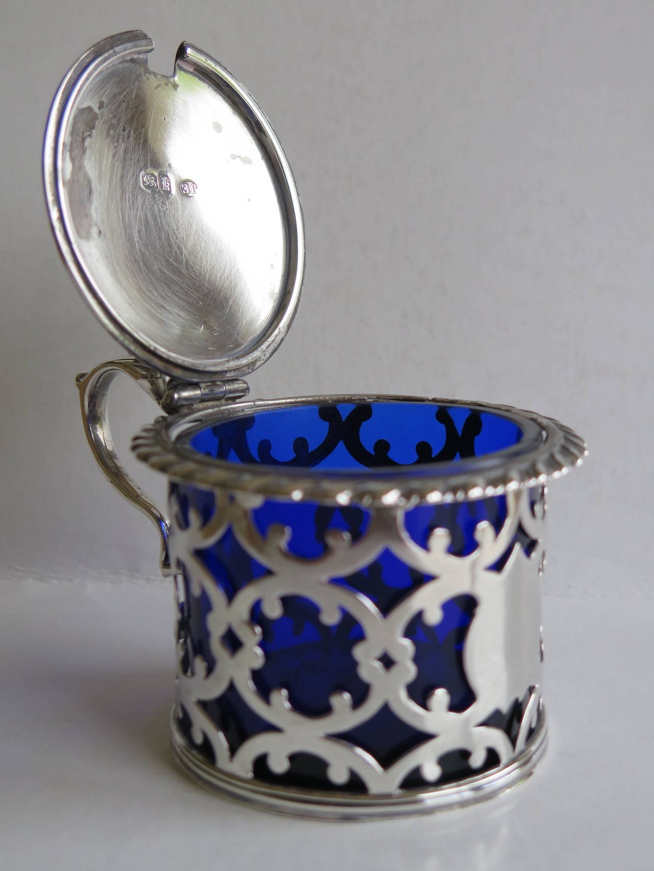 Hand-Crafted Sterling Silver Pierced Mustard Pot and Spoon, English 19th C. 1845 and 1800  For Sale