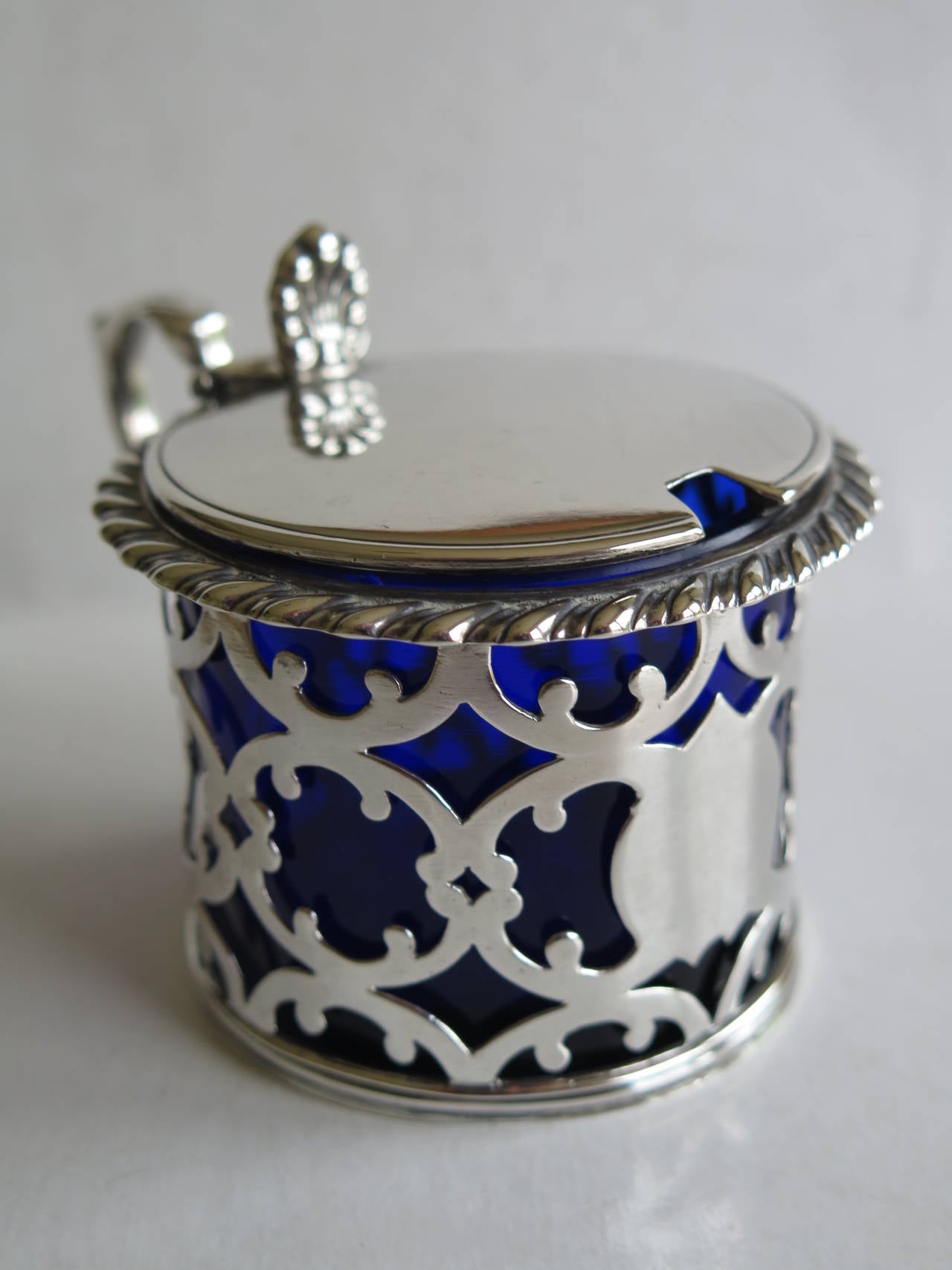 19th Century Sterling Silver Pierced Mustard Pot and Spoon, English 19th C. 1845 and 1800  For Sale