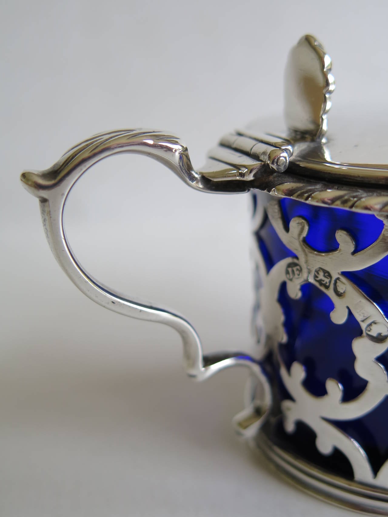 Glass Sterling Silver Pierced Mustard Pot and Spoon, English 19th C. 1845 and 1800  For Sale