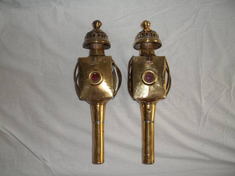 British Edwardian Pair of Brass CARRIAGE LAMPS, circa 1905