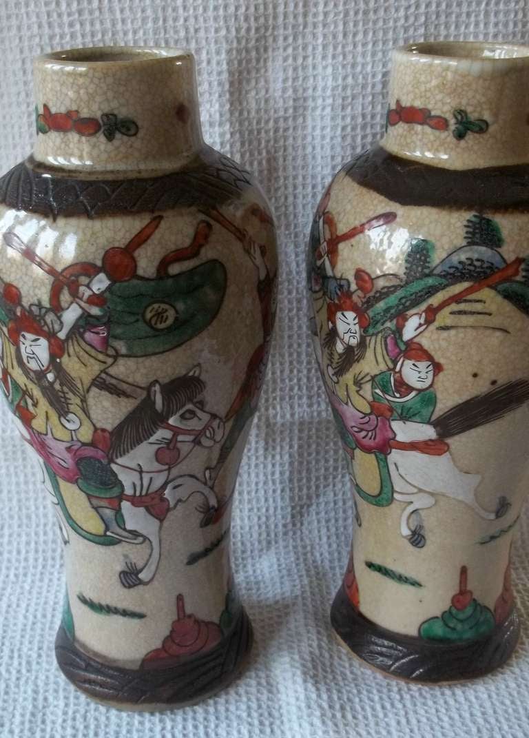 Hand-Painted Late 19thC , PAIR, Chinese VASES, crackle glaze, hand painted warriors, Qing