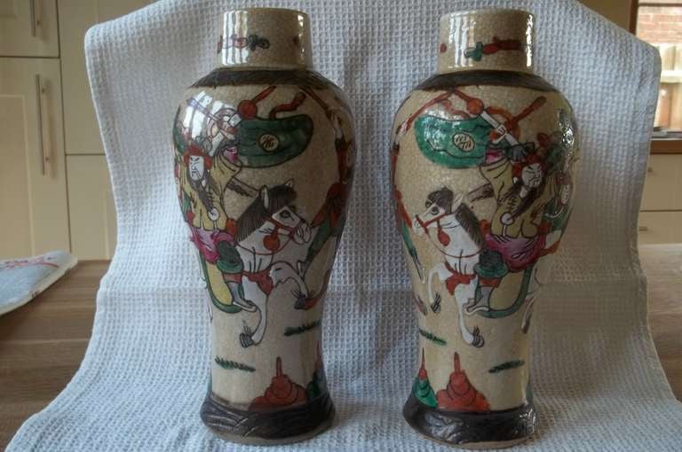 Late 19thC , PAIR, Chinese VASES, crackle glaze, hand painted warriors, Qing In Excellent Condition In Lincoln, Lincolnshire