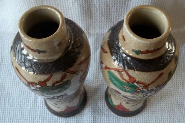 19th Century Late 19thC , PAIR, Chinese VASES, crackle glaze, hand painted warriors, Qing