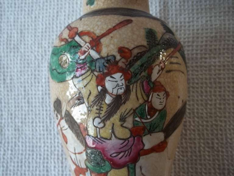 Pottery Late 19thC , PAIR, Chinese VASES, crackle glaze, hand painted warriors, Qing