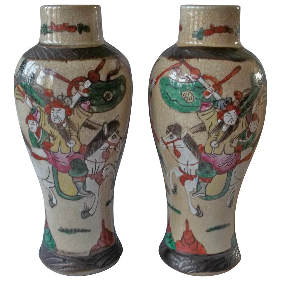 Late 19thC , PAIR, Chinese VASES, crackle glaze, hand painted warriors, Qing