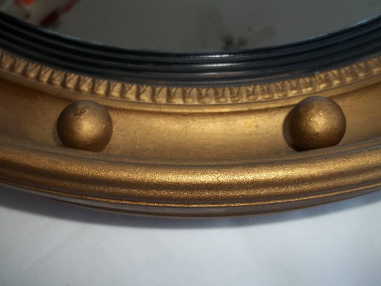 Convex Gilt Mirror, Round, Ribbon & Ball Detail , Circa 1920's In Excellent Condition In Lincoln, Lincolnshire