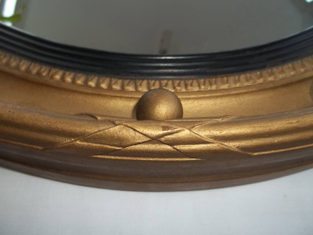 Wood Convex Gilt Mirror, Round, Ribbon & Ball Detail , Circa 1920's