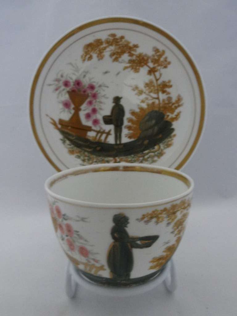 Porcelain production was short-lived at the Peover Porcelain Factory run by Frederick Peover. Cup and saucer unmarked. Cup height 6.00 cm x diameter 8.50 cm, saucer height 3.00 cm. x 14.50 cm. diameter 

PEOVER PORCELAIN (1818-1822)