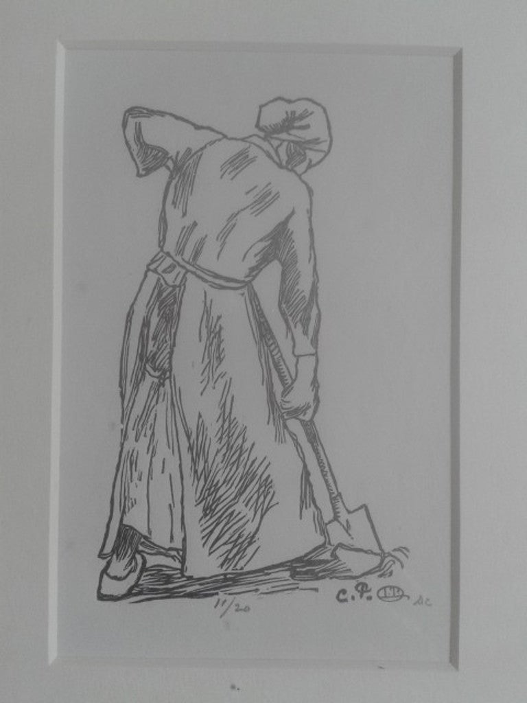 Woodcut by Camille Piissarro La Bechese - Woman Digging For Sale