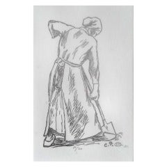 Woodcut by Camille Piissarro La Bechese - Woman Digging 6